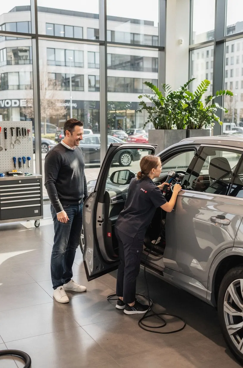 Fahrzeugübergabe nach fachgerechter Inspektion in einem Zentrum für Premiumautomarken.
