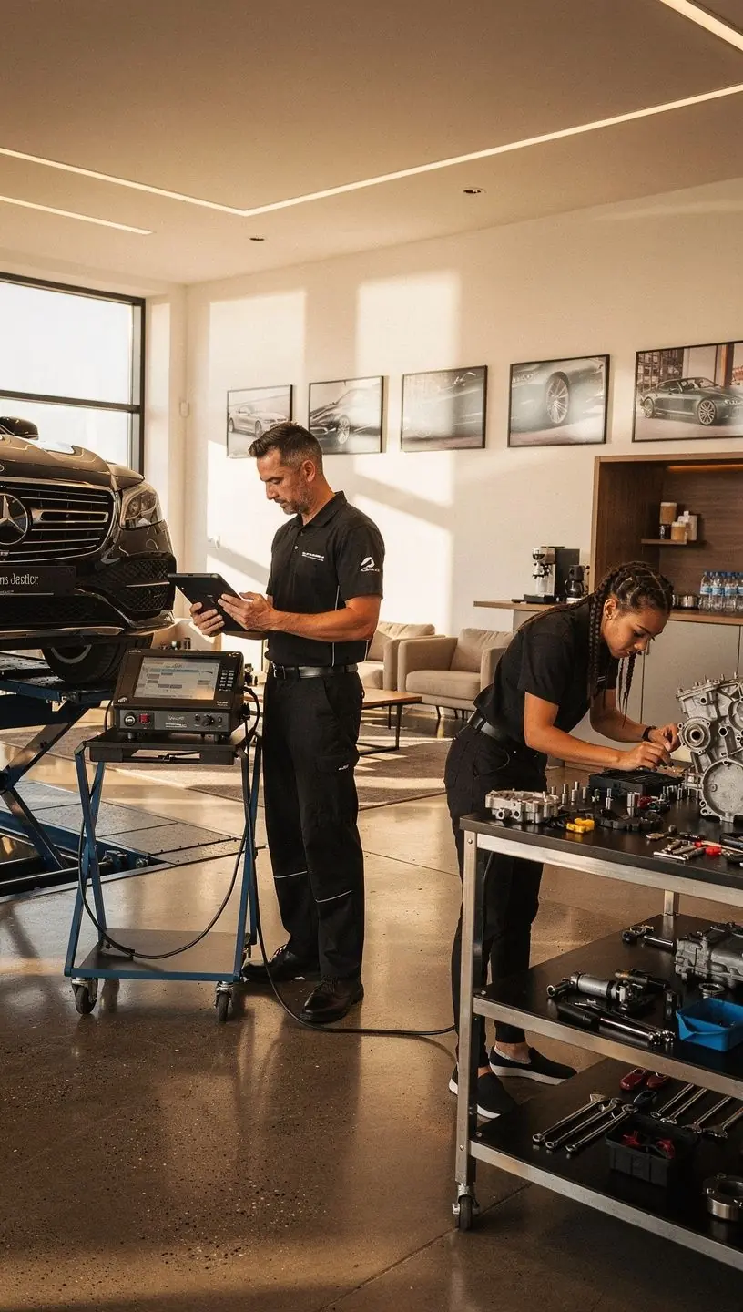 Beratungsgespräch zwischen Kunden und Serviceexperten in einem spezialisierten Fahrzeugzentrum.